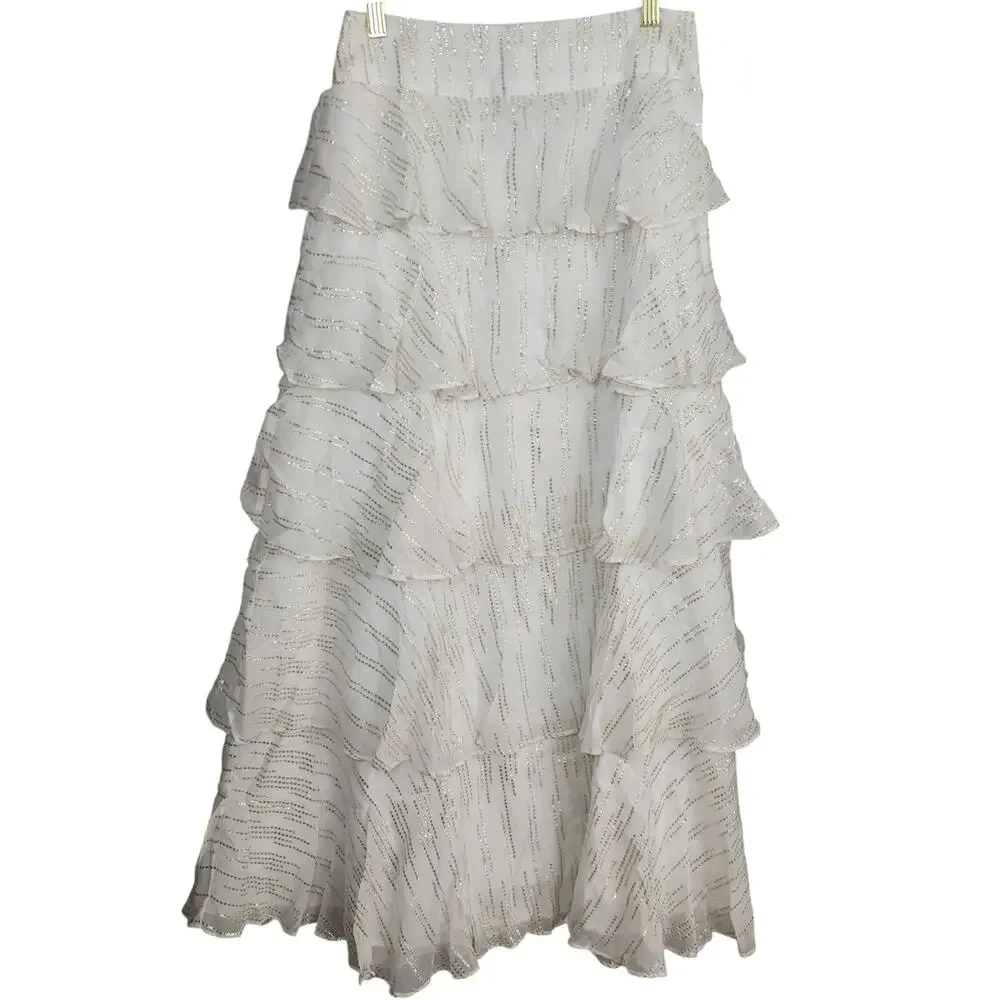 SHORE Coastal Boho Chiffon Maxi Skirt White Metallic Gold sz M | NWT $248 - Picture 2 of 8